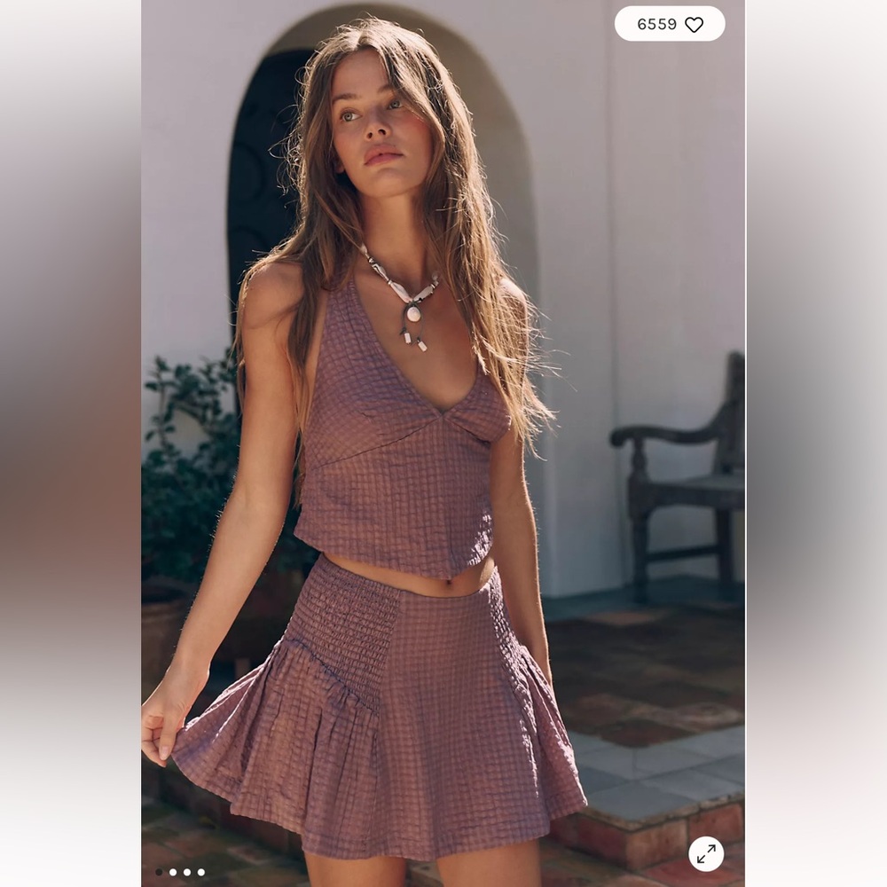 Free People Drew Pucker Check Skirt Set Plum Dust